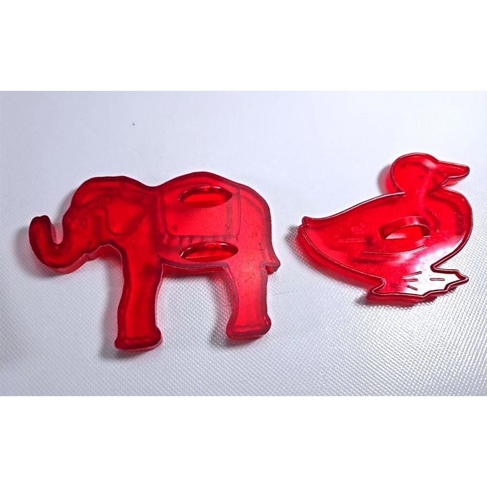 Vintage Red Plastic Cookie Cutter Lot Elephant Duck Mid Century 3in 1950s